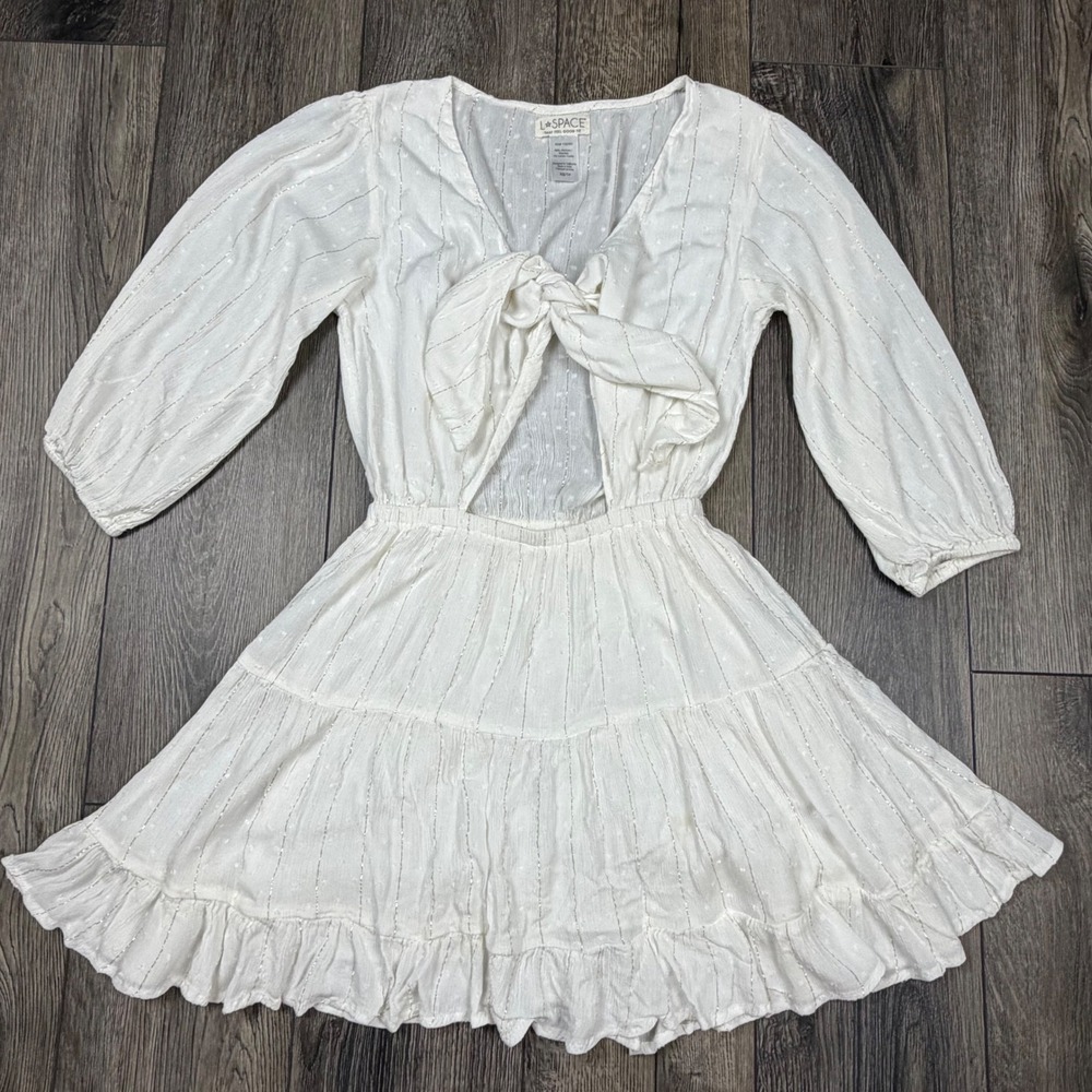 L*Space Stay Golden White Gold Metallic Dot Tie-Front Mini Dress XS Boho Chic
